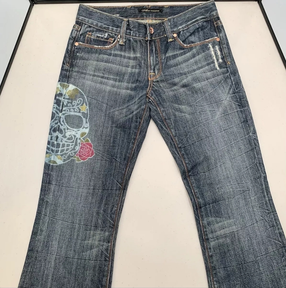 Anoname Women's Bootcut Blue Jeans Adult Size 26  Skull & Roses - NEVER WORN